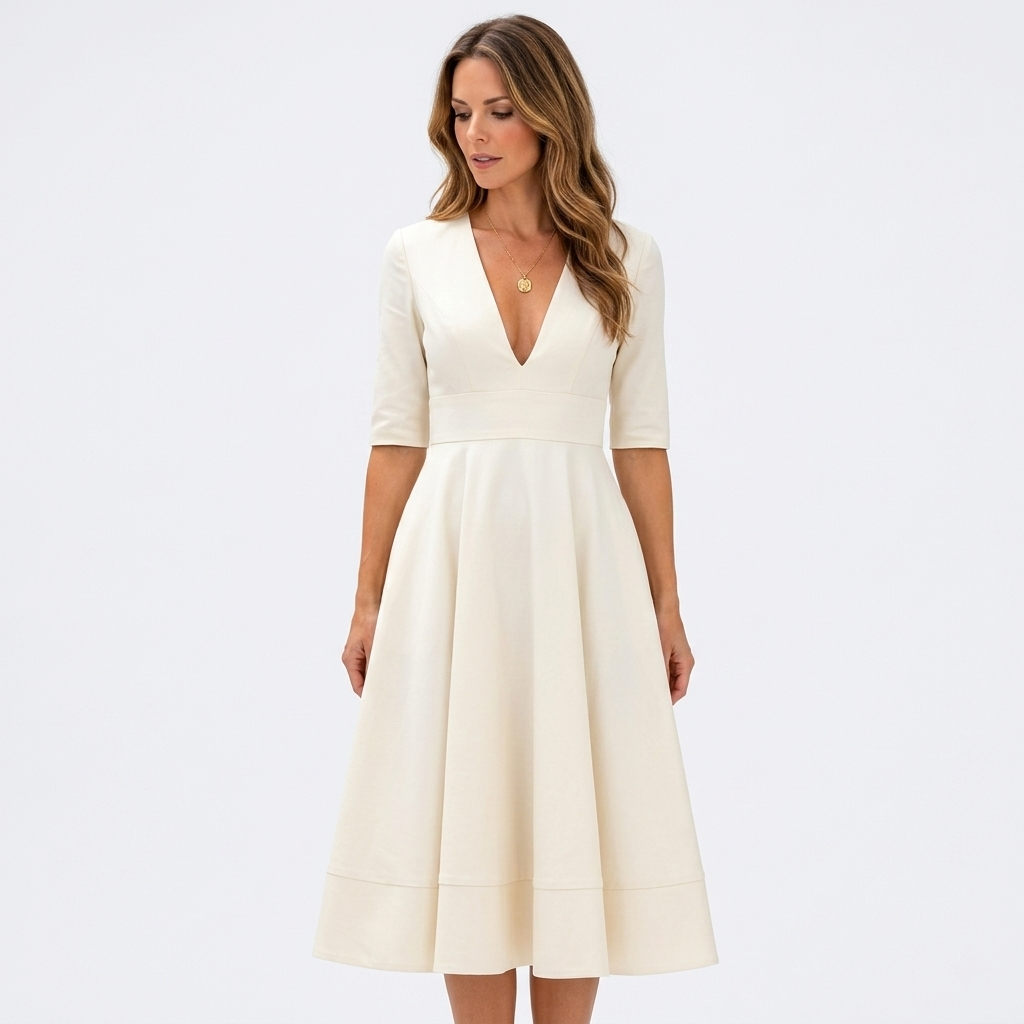Women’s V Neck Midi Dress – Short Sleeve Fit and Flare Occasion Dress
