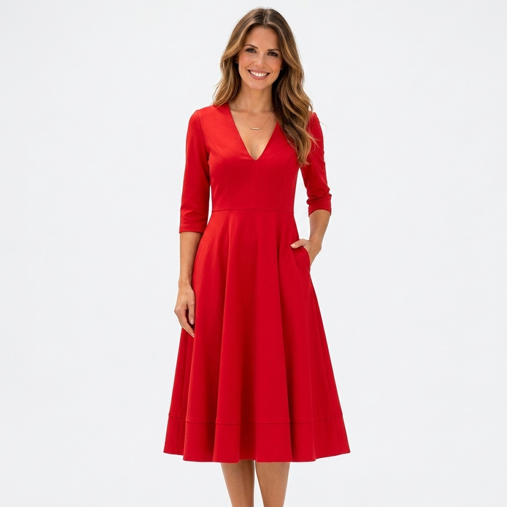 Women’s V Neck Midi Dress – Short Sleeve Fit and Flare Occasion Dress