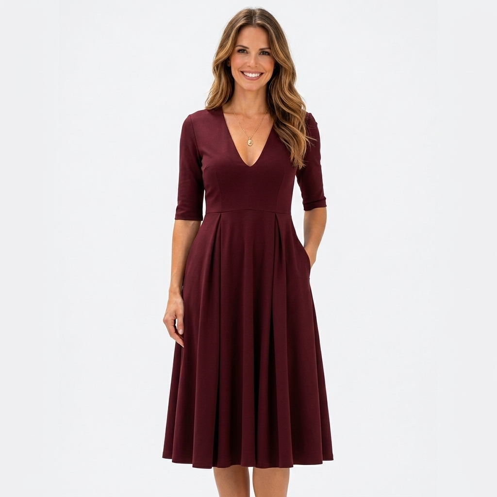 Women’s V Neck Midi Dress – Short Sleeve Fit and Flare Occasion Dress
