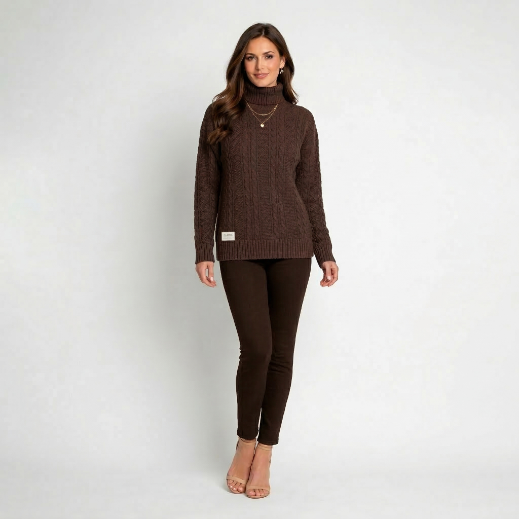 Women’s Cable Knit Turtleneck Sweater – Long Sleeve Ribbed Hem Pullover