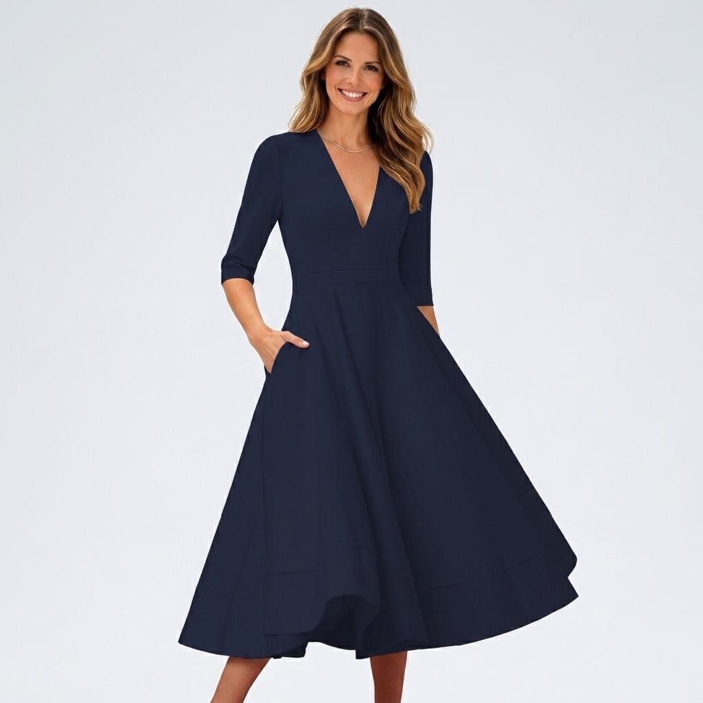 Women’s V Neck Midi Dress – Short Sleeve Fit and Flare Occasion Dress