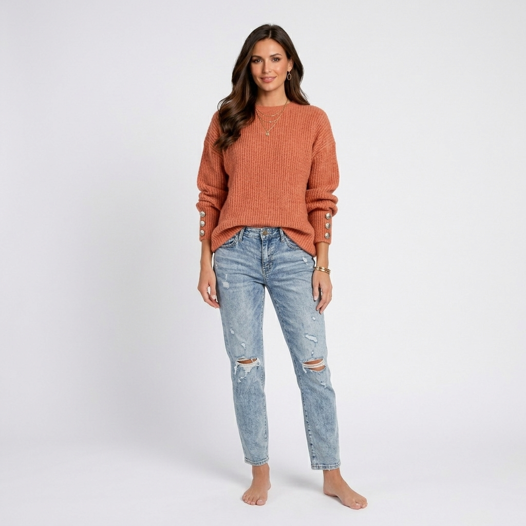 Women’s Oversized Ribbed Knit Sweater – Long Sleeve Button Cuff Pullover