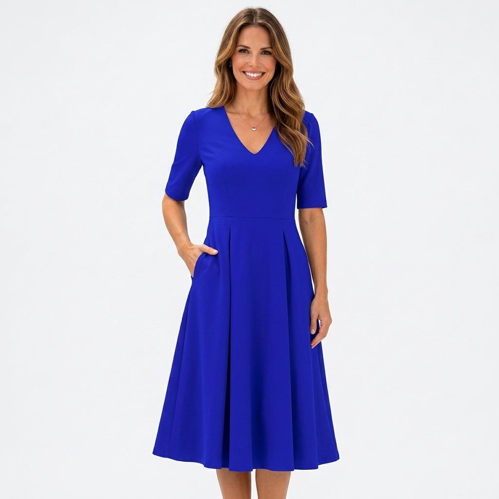 Women’s V Neck Midi Dress – Short Sleeve Fit and Flare Occasion Dress
