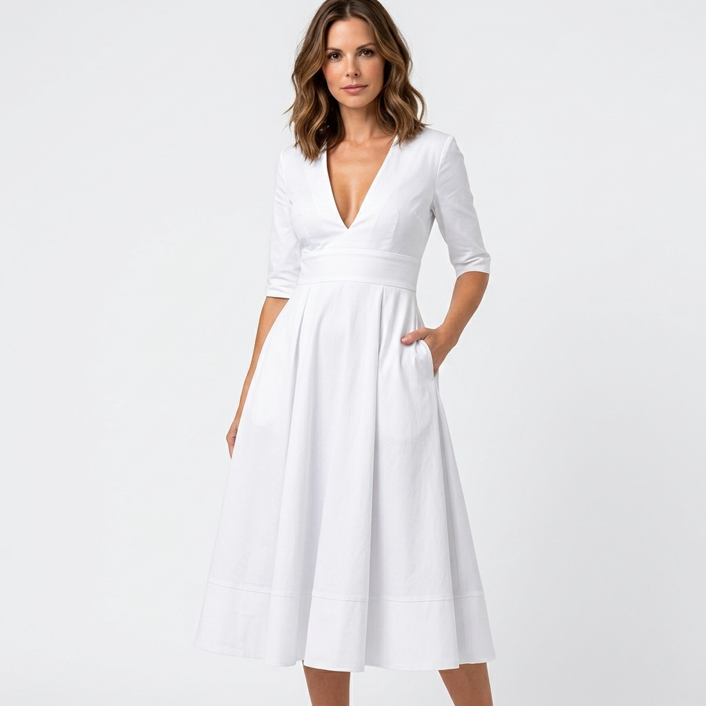 Women’s V Neck Midi Dress – Short Sleeve Fit and Flare Occasion Dress