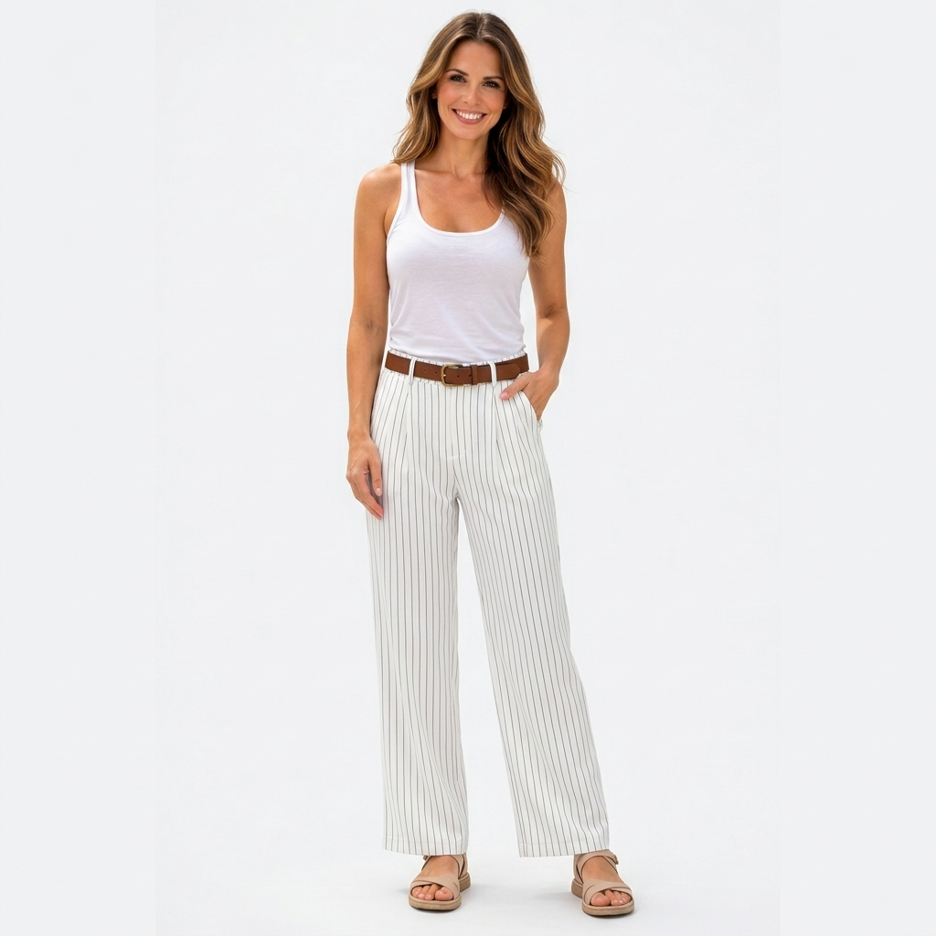 Women’s High Waisted Pinstripe Wide Leg Pants – Pleated Straight Leg Trousers