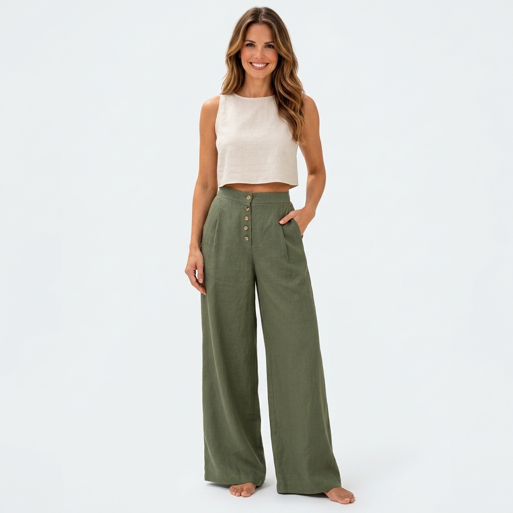 Women’s High Waisted Linen Palazzo Pants with Buttons – Wide Leg Full Length Trousers