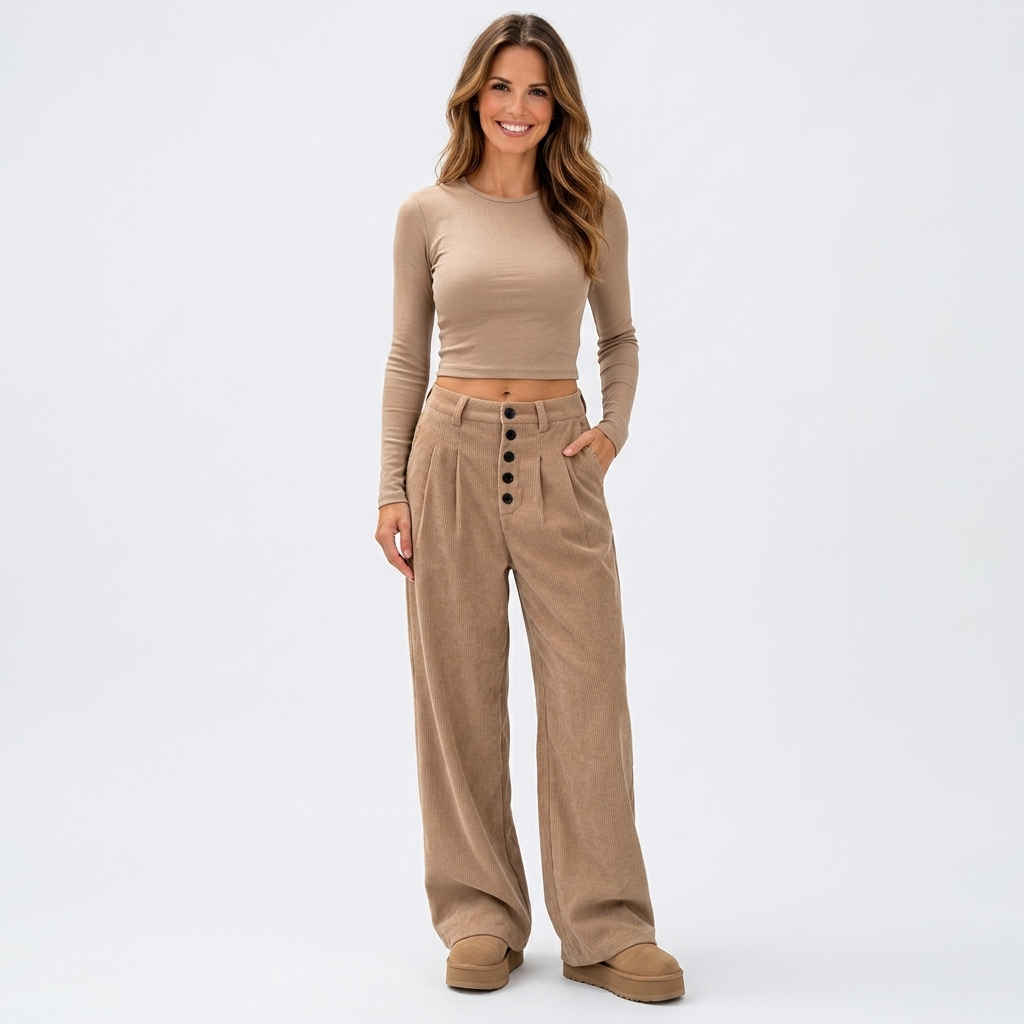 Women’s High Waisted Corduroy Palazzo Pants with Buttons – Wide Leg Full Length Trousers