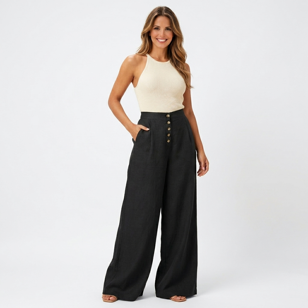 Women’s High Waisted Linen Palazzo Pants with Buttons – Wide Leg Full Length Trousers