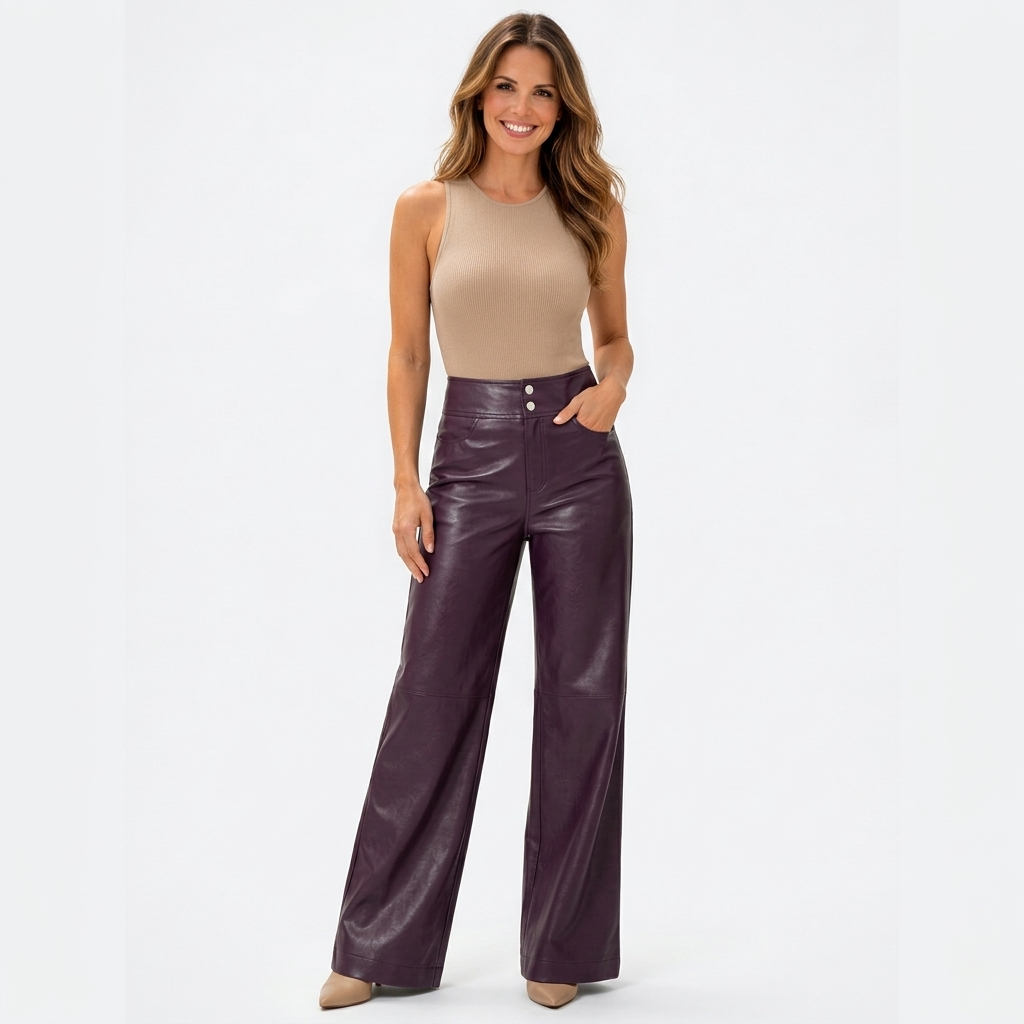 Women’s High Waisted Faux Leather Wide Leg Pants – Full Length Flare Trousers