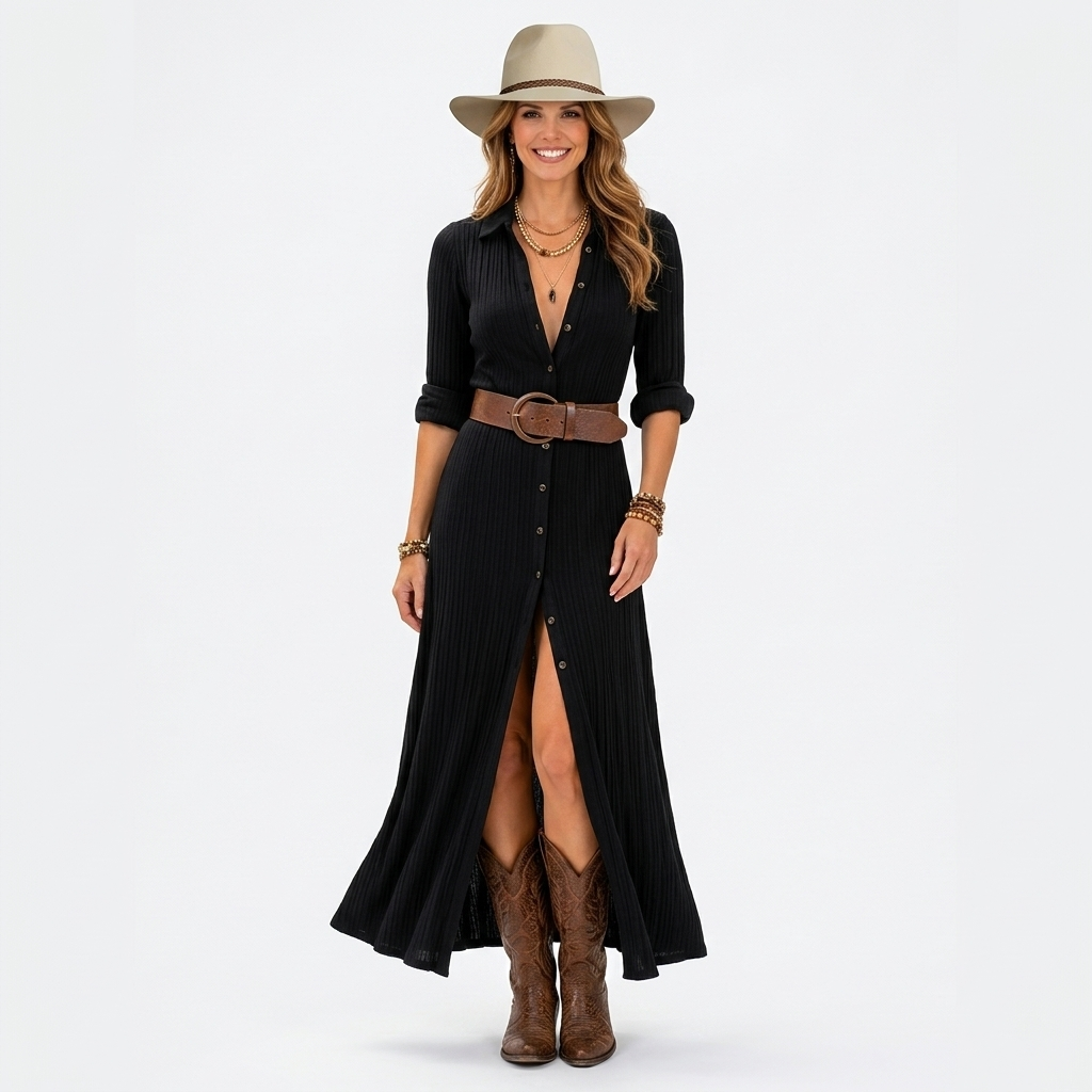 Women’s Button Front Maxi Dress with Belt – Long Sleeve Slit Shirt Dress