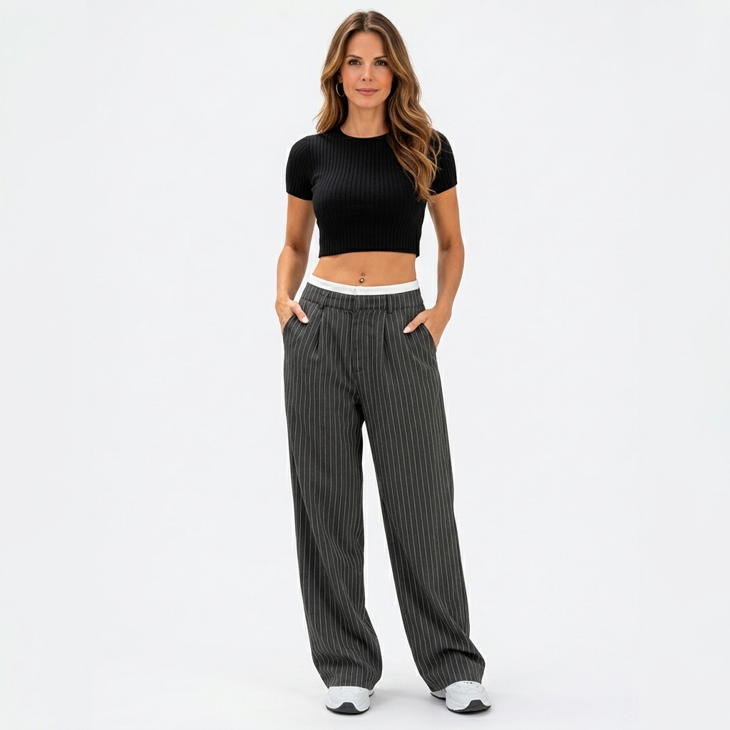 Women’s High Waisted Pinstripe Wide Leg Pants – Pleated Straight Leg Trousers