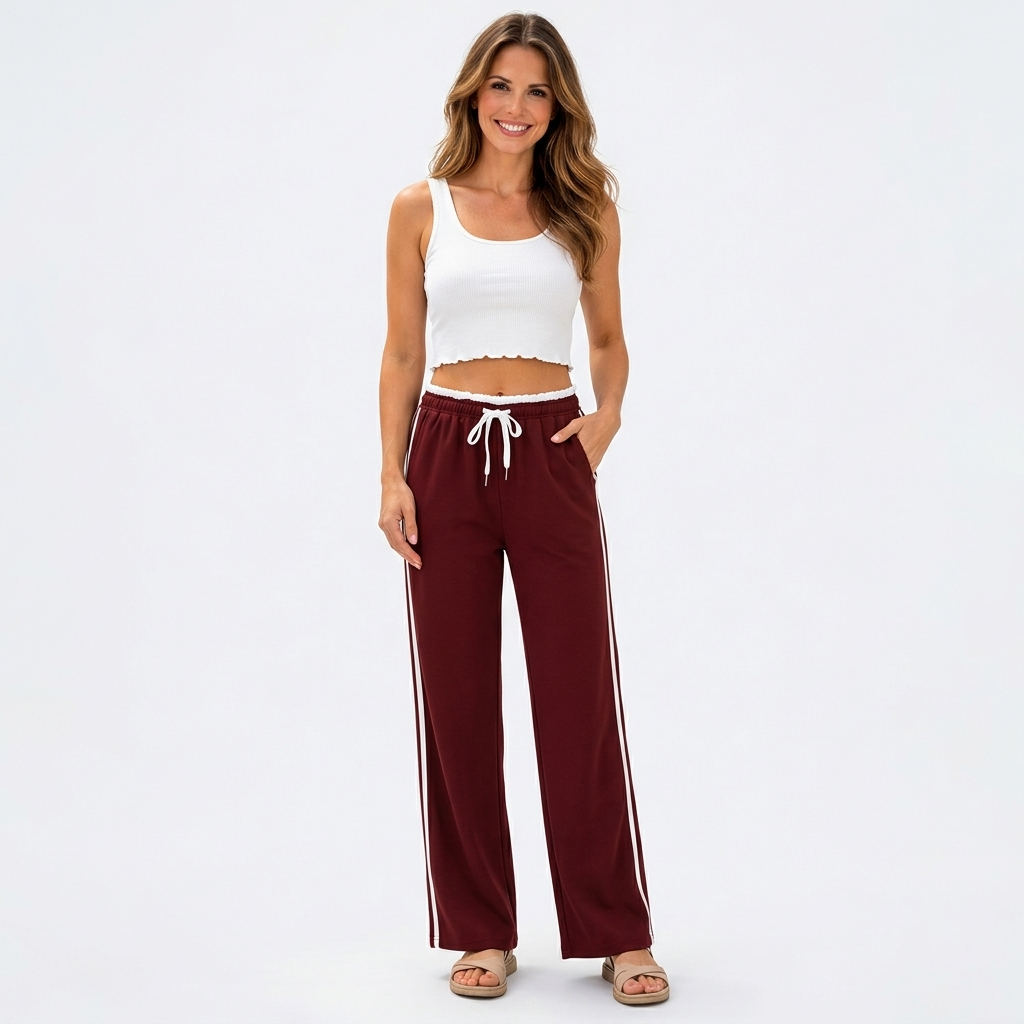 Women’s Wide Leg Track Pants with Side Stripes – High Waisted Drawstring Sweatpants