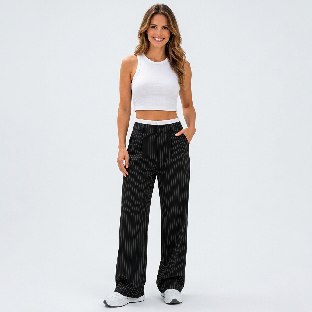 Women’s High Waisted Pinstripe Wide Leg Pants – Pleated Straight Leg Trousers
