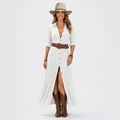 Women’s Button Front Maxi Dress with Belt – Long Sleeve Slit Shirt Dress
