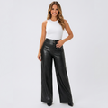 Women’s High Waisted Faux Leather Wide Leg Pants – Full Length Flare Trousers