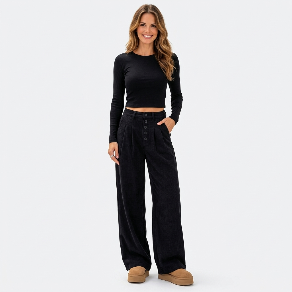 Women’s High Waisted Corduroy Palazzo Pants with Buttons – Wide Leg Full Length Trousers