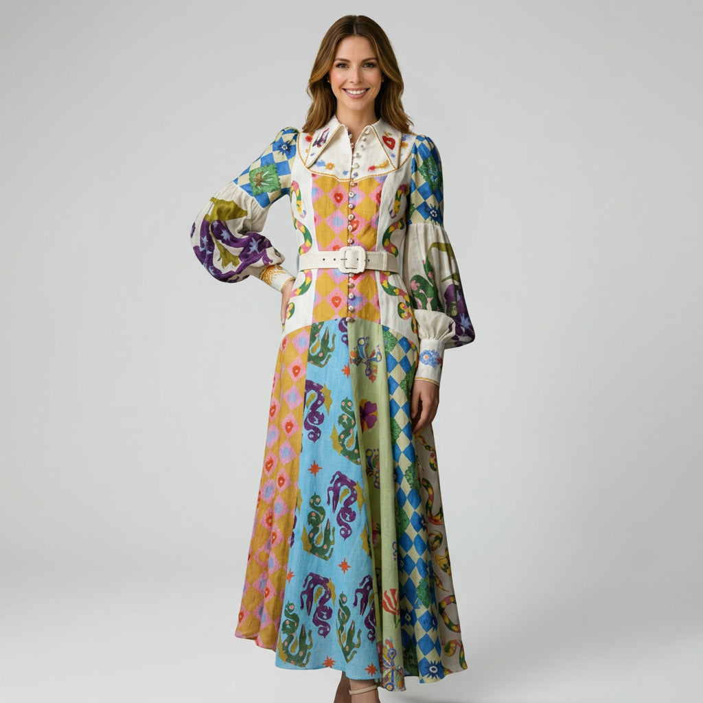 Women’s Printed Maxi Dress Tie Waist – Long Sleeve Casual Dress