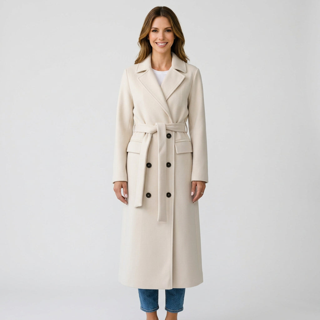 Women’s Long Trench Coat Belted Waist – Double Breasted Tailored Outerwear