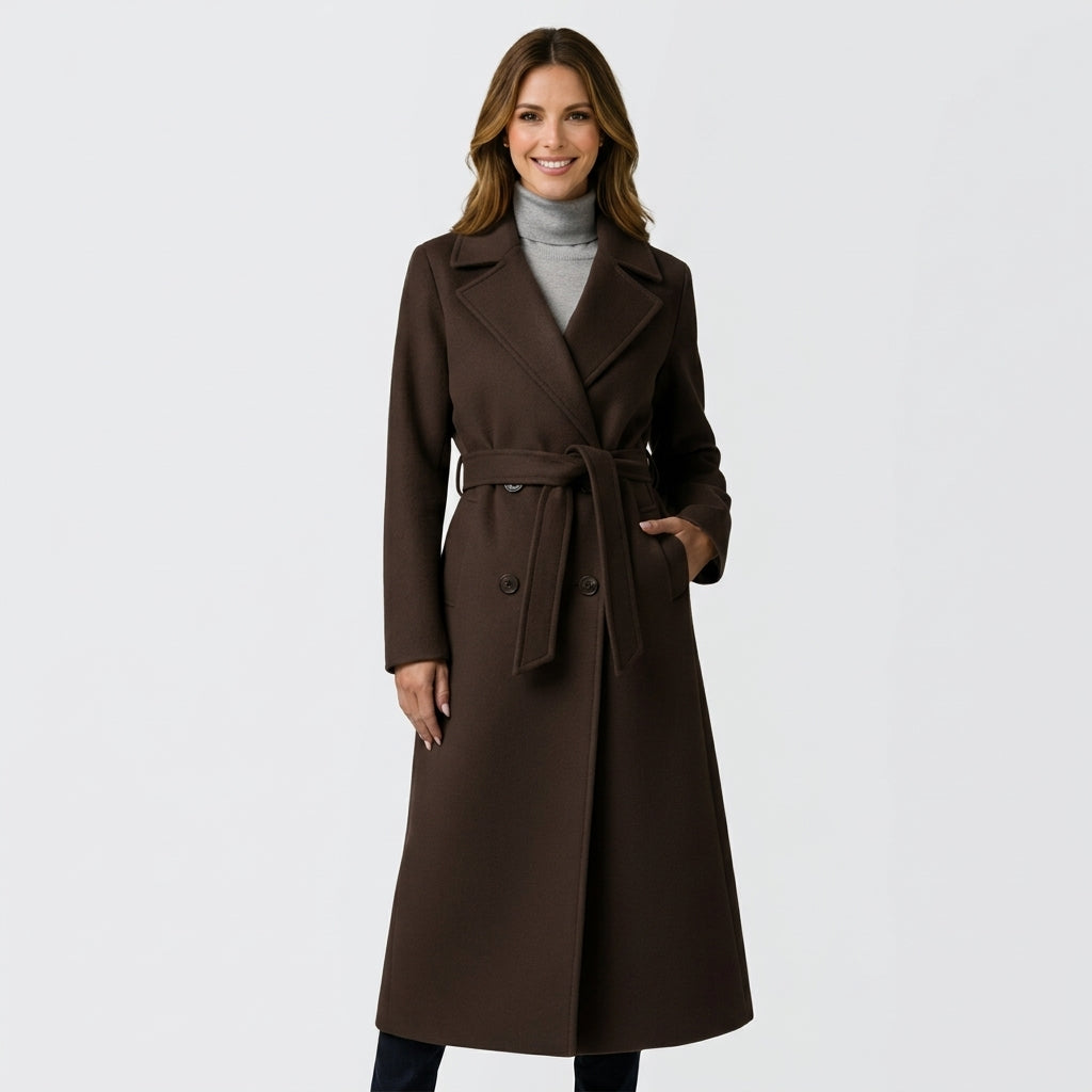 Women’s Long Trench Coat Belted Waist – Double Breasted Tailored Outerwear