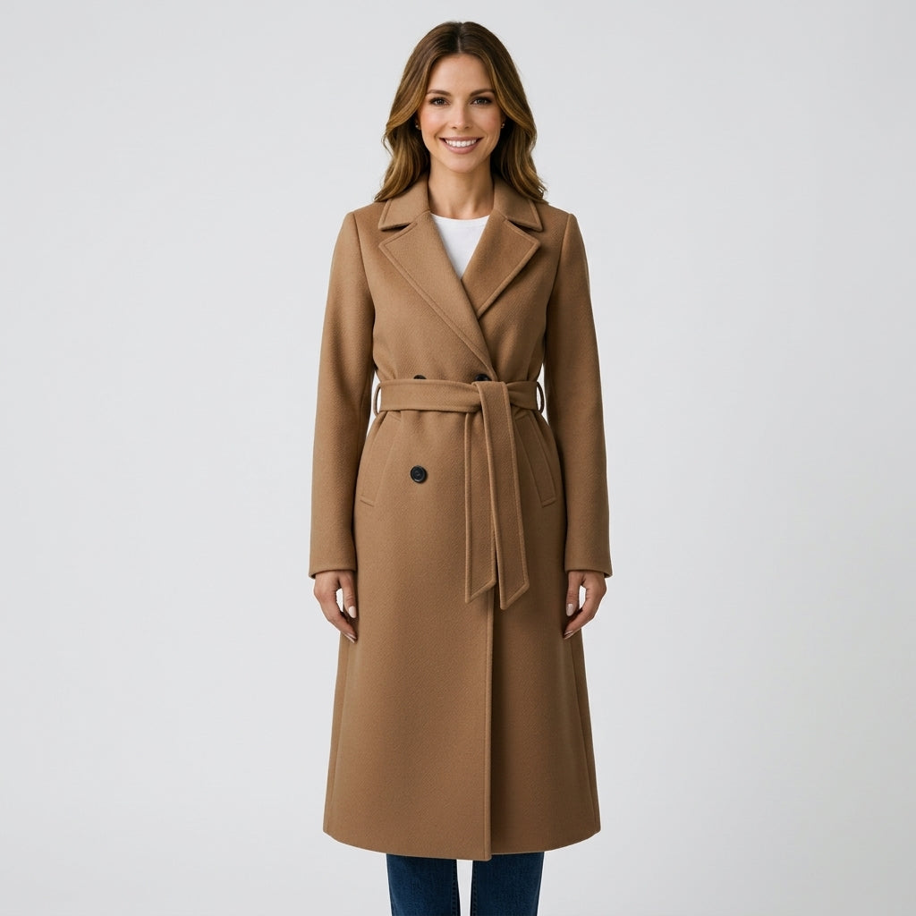 Women’s Long Trench Coat Belted Waist – Double Breasted Tailored Outerwear