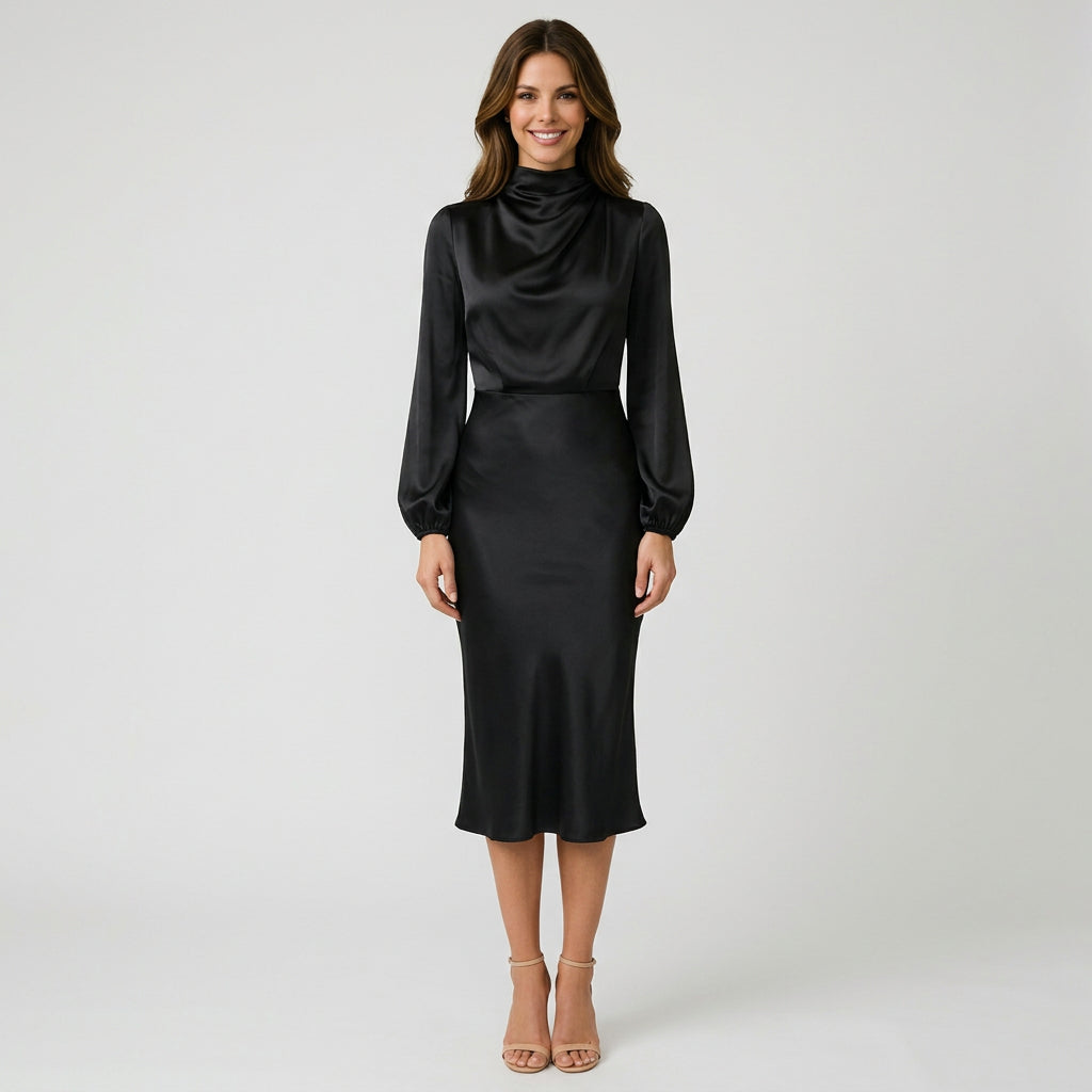 Women’s High Neck Midi Dress Tie Waist – Long Sleeve Occasion Dress