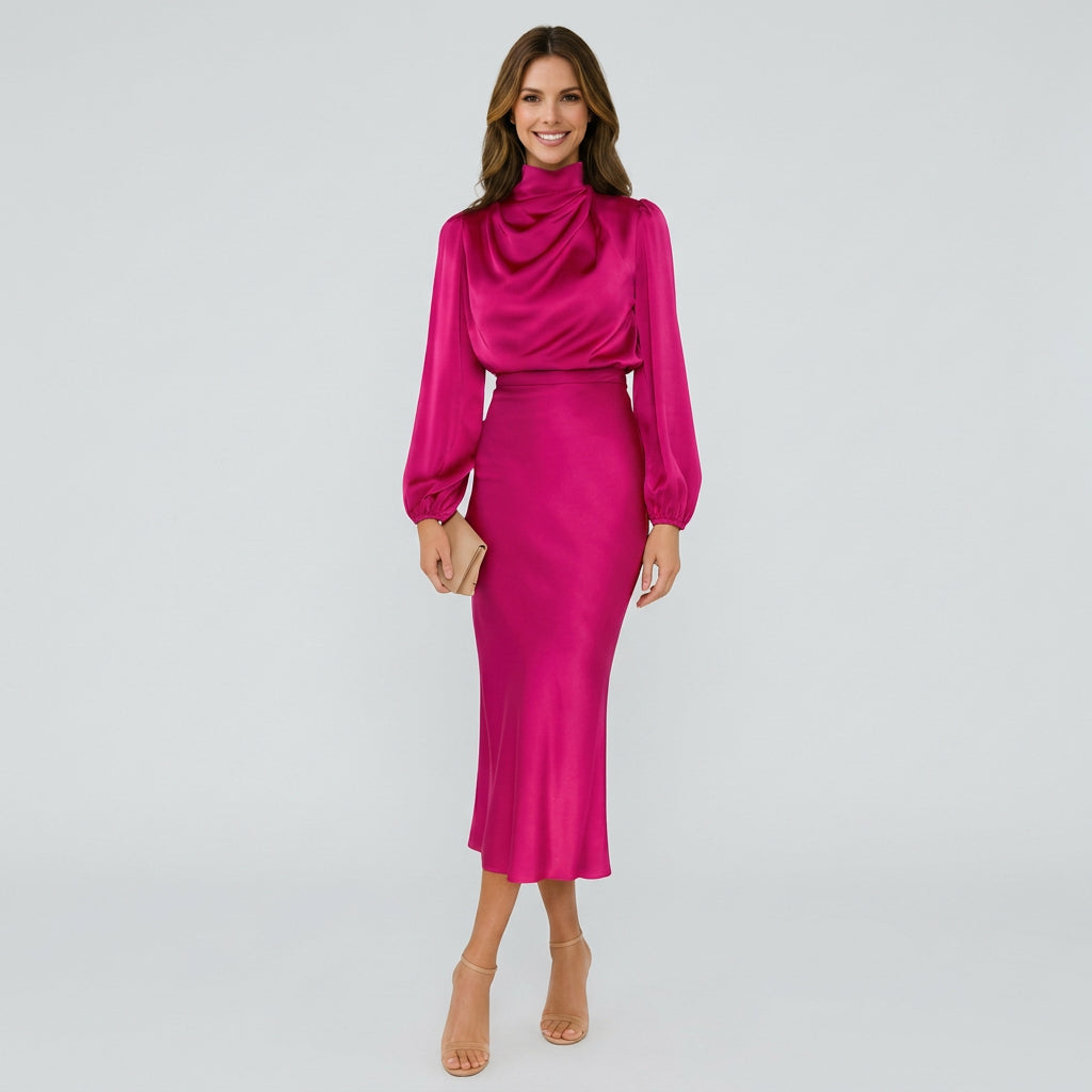 Women’s High Neck Midi Dress Tie Waist – Long Sleeve Occasion Dress