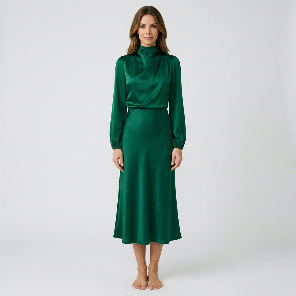 Women’s High Neck Midi Dress Tie Waist – Long Sleeve Occasion Dress