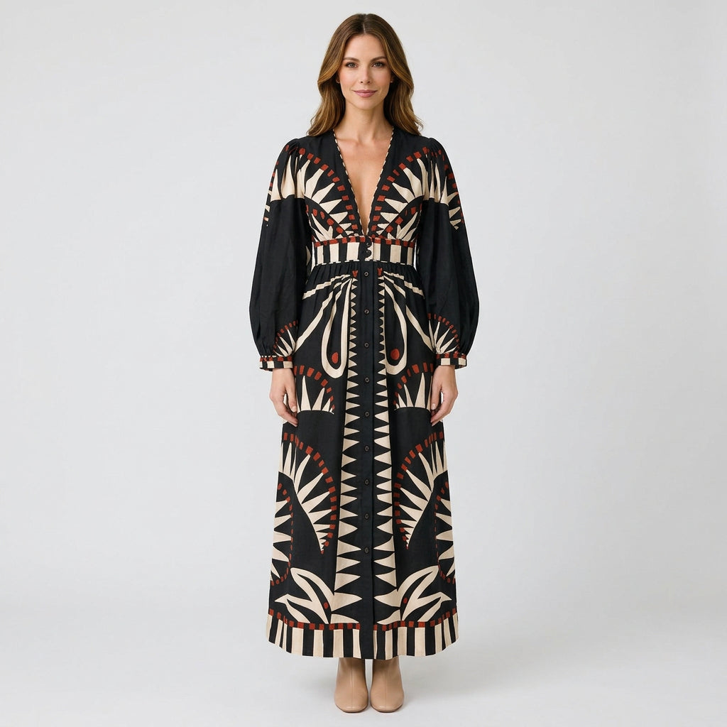 Women’s Printed Maxi Dress Tie Waist – Long Sleeve Casual Dress