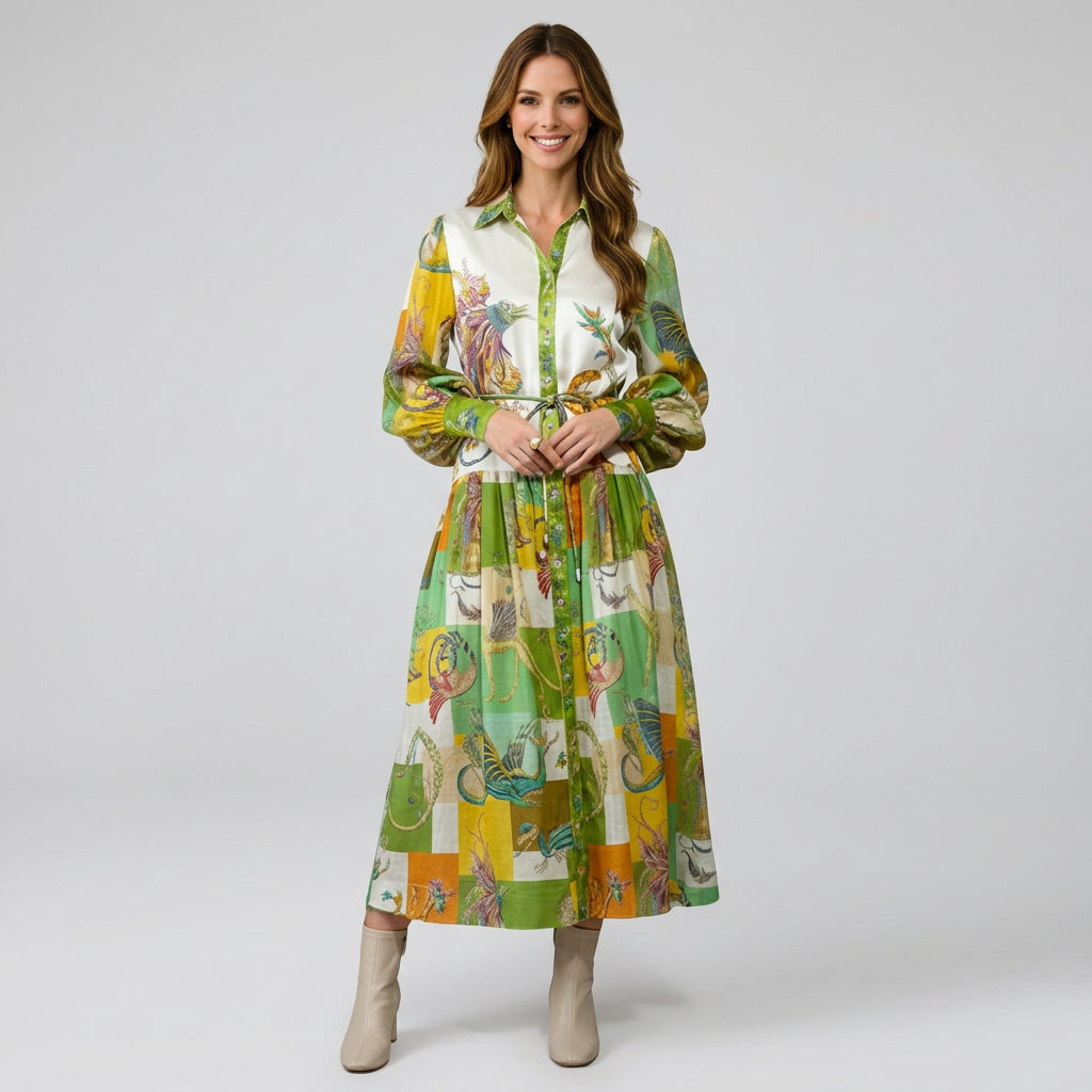 Women’s Printed Maxi Dress Tie Waist – Long Sleeve Casual Dress