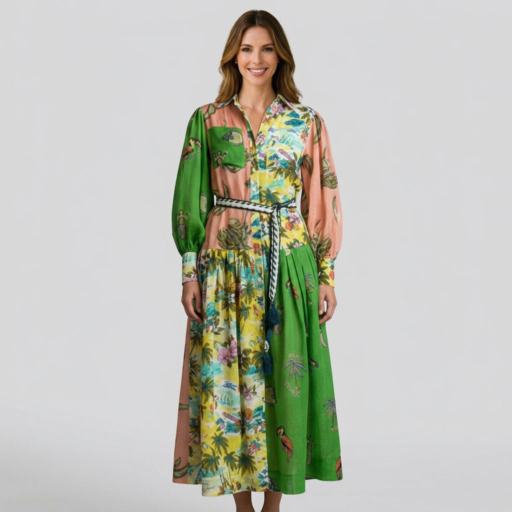 Women’s Printed Maxi Dress Tie Waist – Long Sleeve Casual Dress