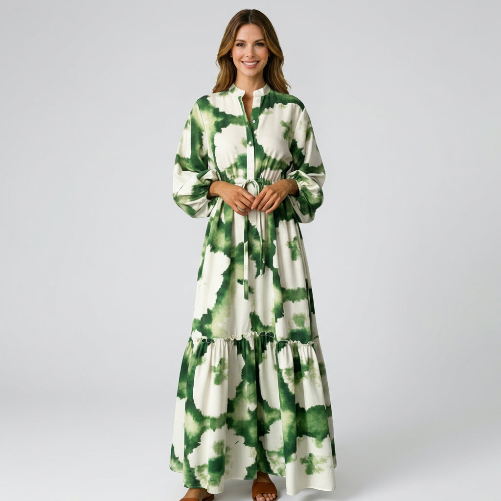 Women’s Printed Maxi Dress Tie Waist – Long Sleeve Casual Dress