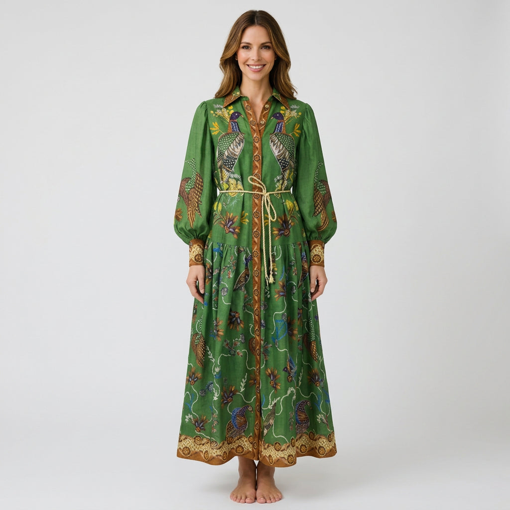 Women’s Printed Maxi Dress Tie Waist – Long Sleeve Casual Dress
