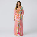 Women’s Printed Kaftan Maxi Dress Drawstring Waist – V Neck Resort Dress