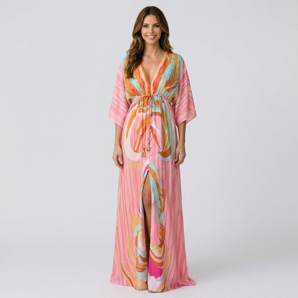 Women’s Printed Kaftan Maxi Dress Drawstring Waist – V Neck Resort Dress