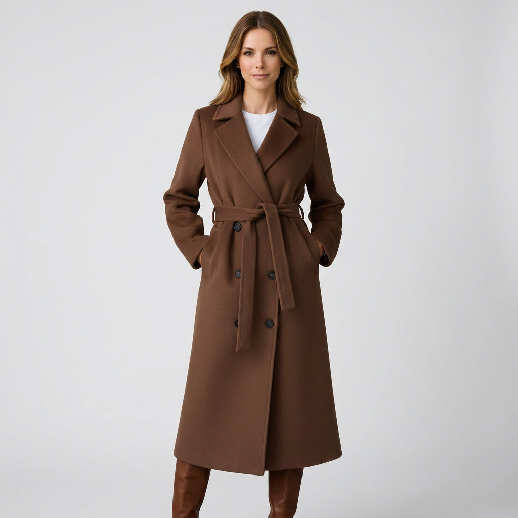 Women’s Long Trench Coat Belted Waist – Double Breasted Tailored Outerwear