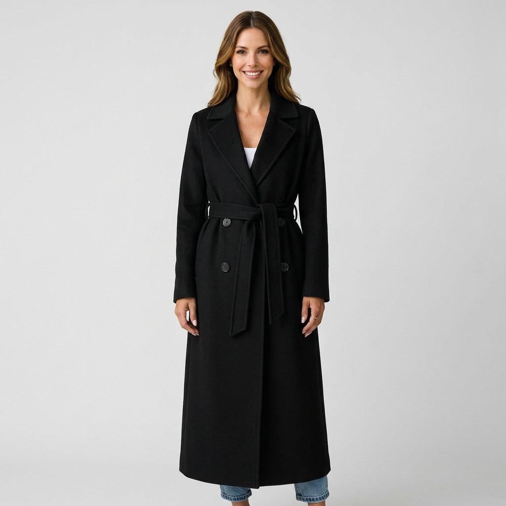 Women’s Long Trench Coat Belted Waist – Double Breasted Tailored Outerwear