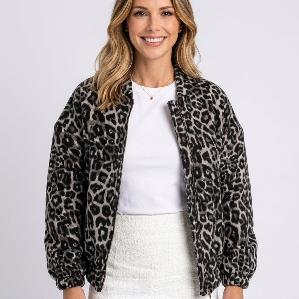 Women Leopard Print Zip Front Jacket