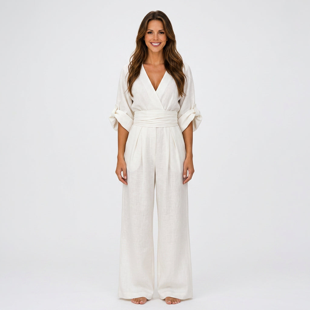 Women V Neck Wide Leg Jumpsuit
