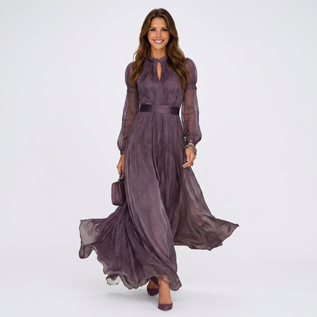 Women Lace Trim Chiffon Maxi Dress