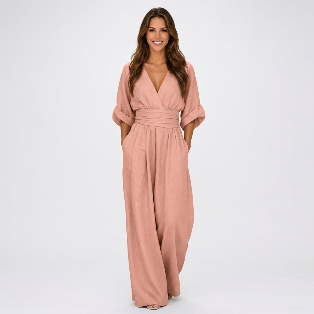 Women V Neck Wide Leg Jumpsuit
