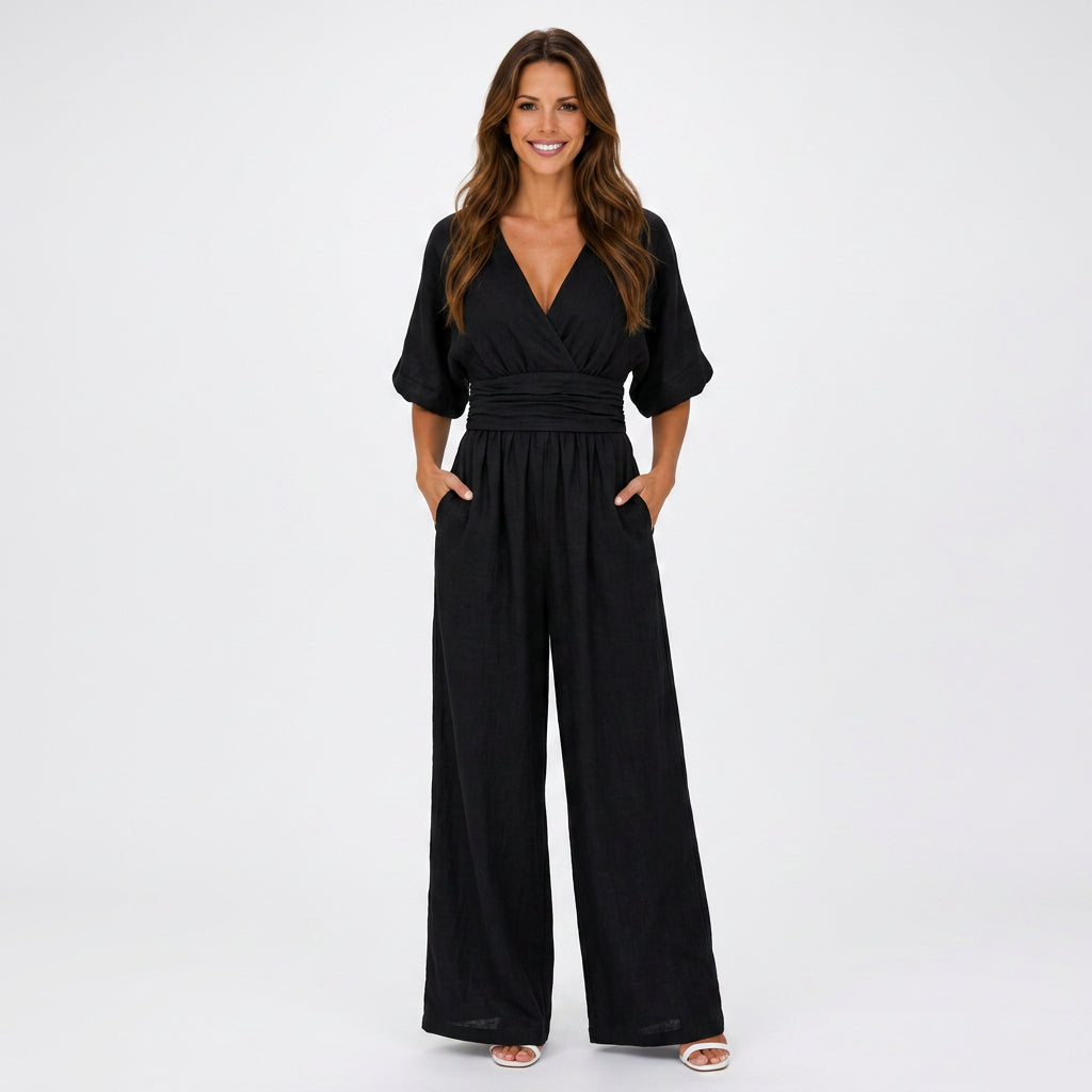Women V Neck Wide Leg Jumpsuit