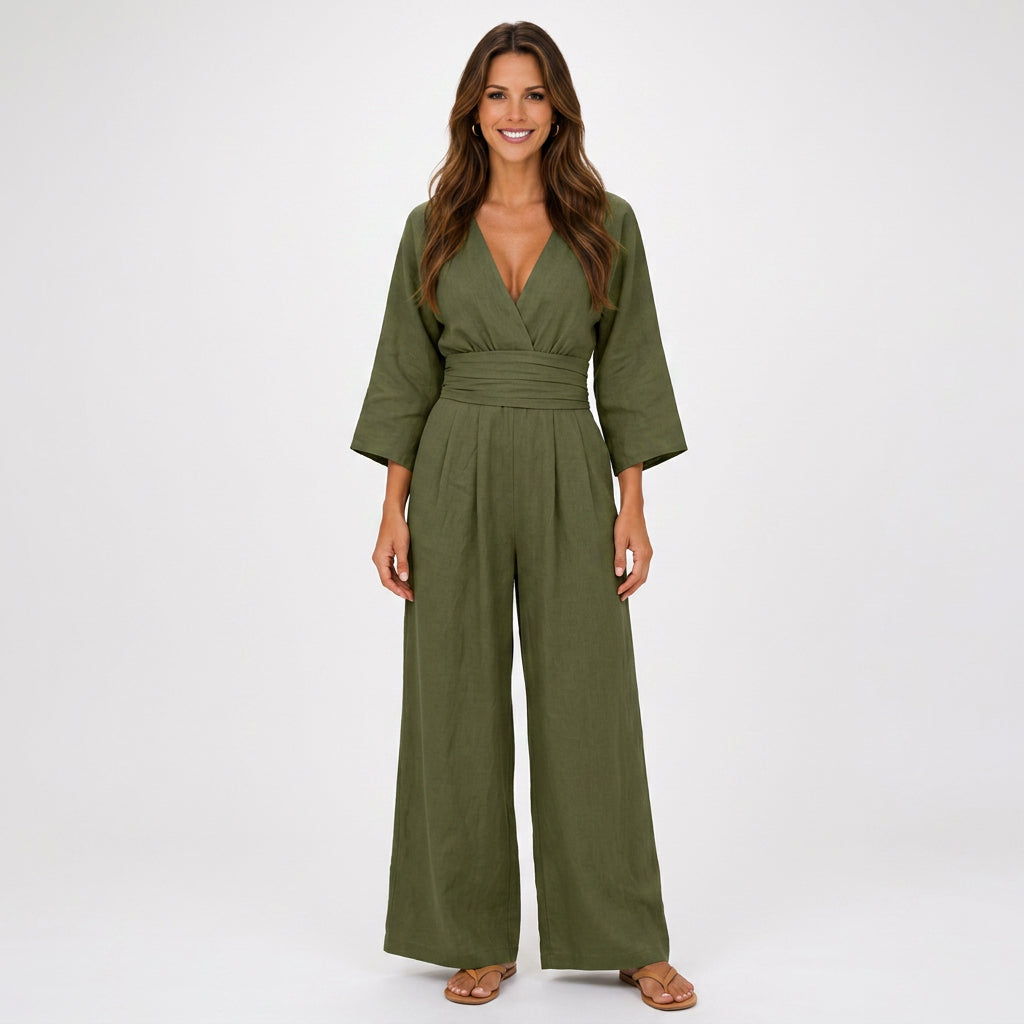 Women V Neck Wide Leg Jumpsuit