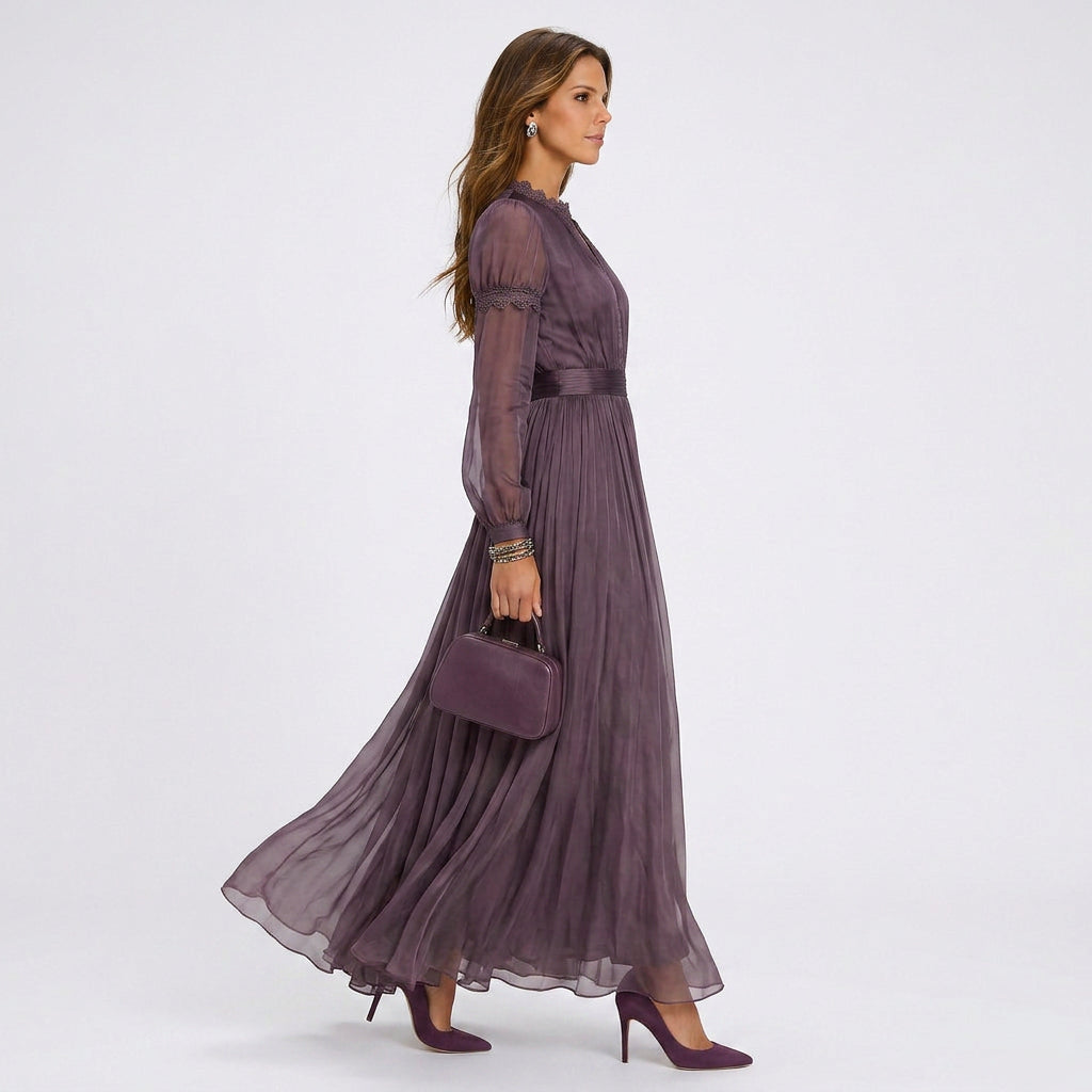 Women Lace Trim Chiffon Maxi Dress