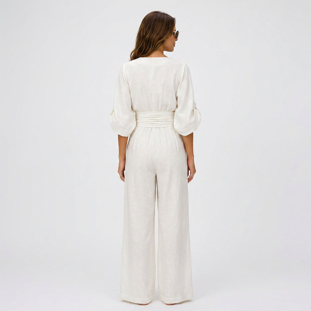 Women V Neck Wide Leg Jumpsuit
