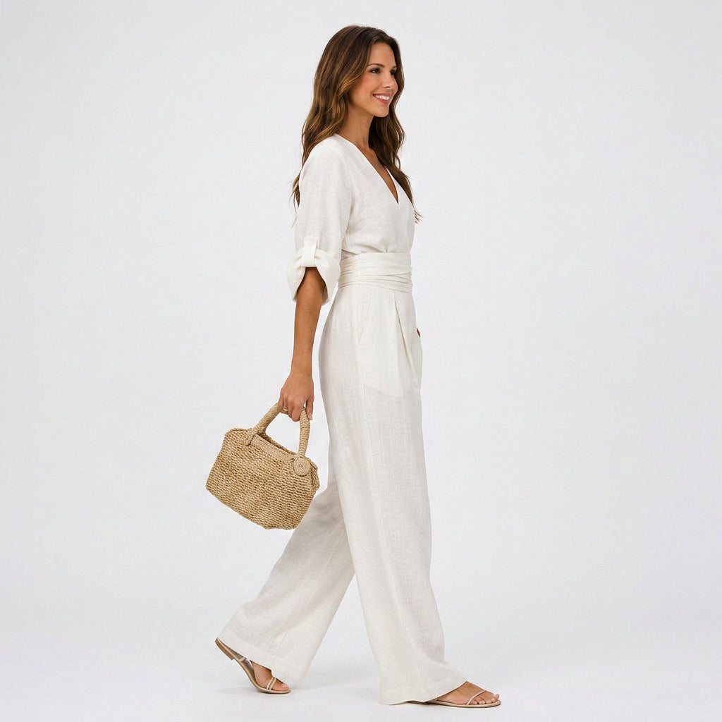 Women V Neck Wide Leg Jumpsuit