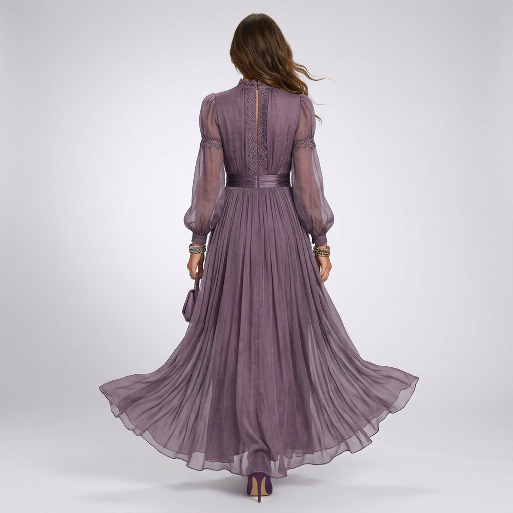 Women Lace Trim Chiffon Maxi Dress