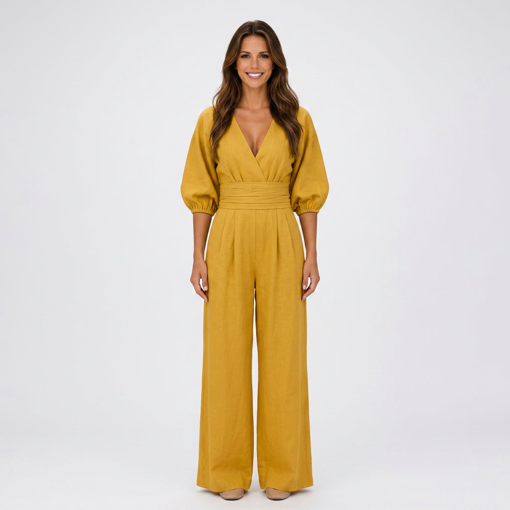 Women V Neck Wide Leg Jumpsuit