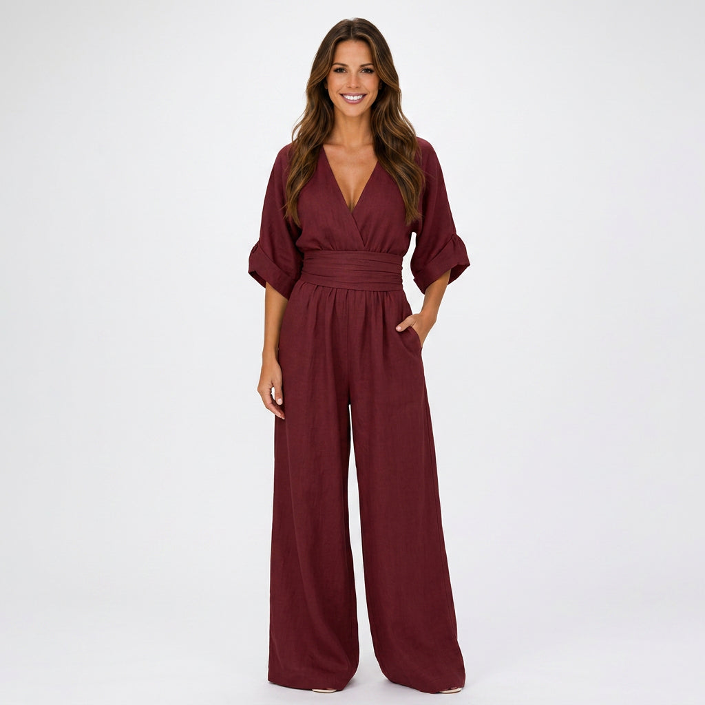 Women V Neck Wide Leg Jumpsuit