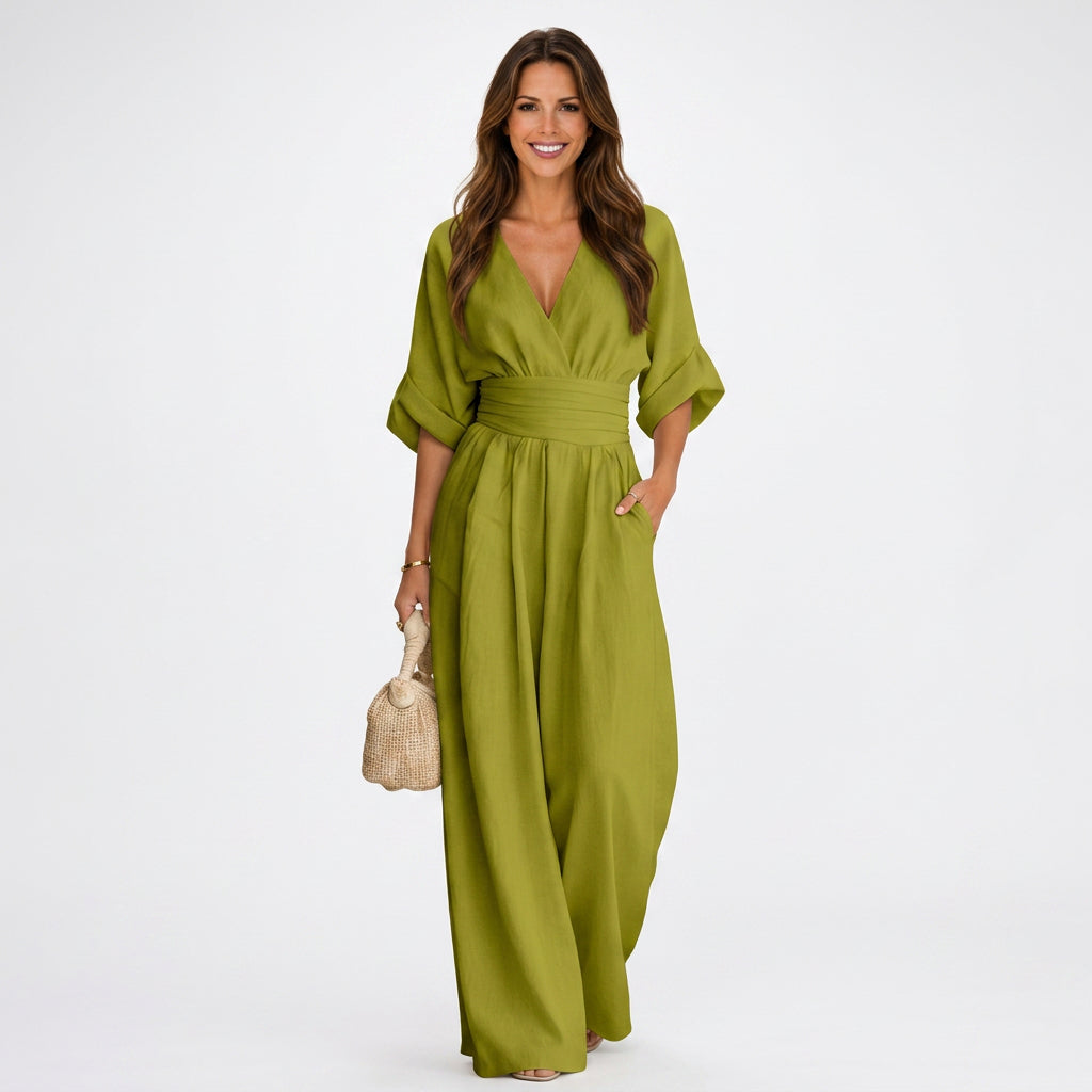 Women V Neck Wide Leg Jumpsuit
