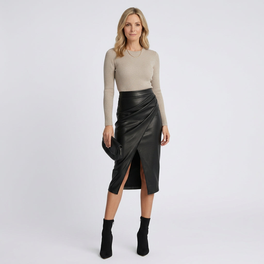 Women’s Faux Leather Midi Skirt Front Slit – High Waist Statement Skirt